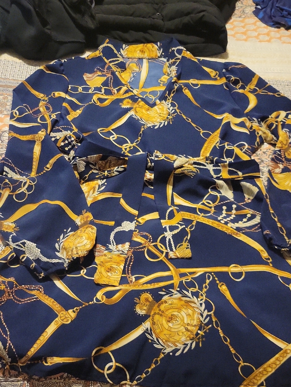 NWOT Navy Blue and Gold Chain Print Dress